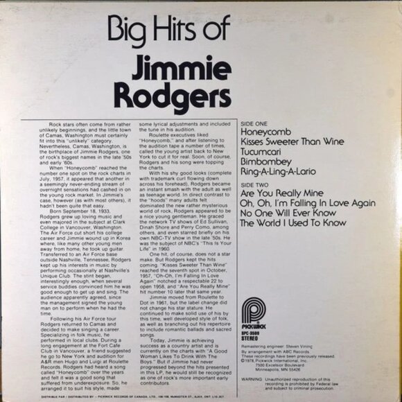 Jimmie Rodgers – Big Hits Of Jimmie Vinyl 33rpm VG+ AJ29 - Picture 2 of 2